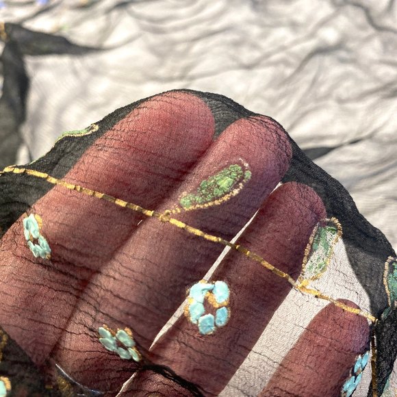 Vintage Handpainted Victorian Scarf - Sheer Floral Paisely and Gold Trim Paint - Picture 6 of 11